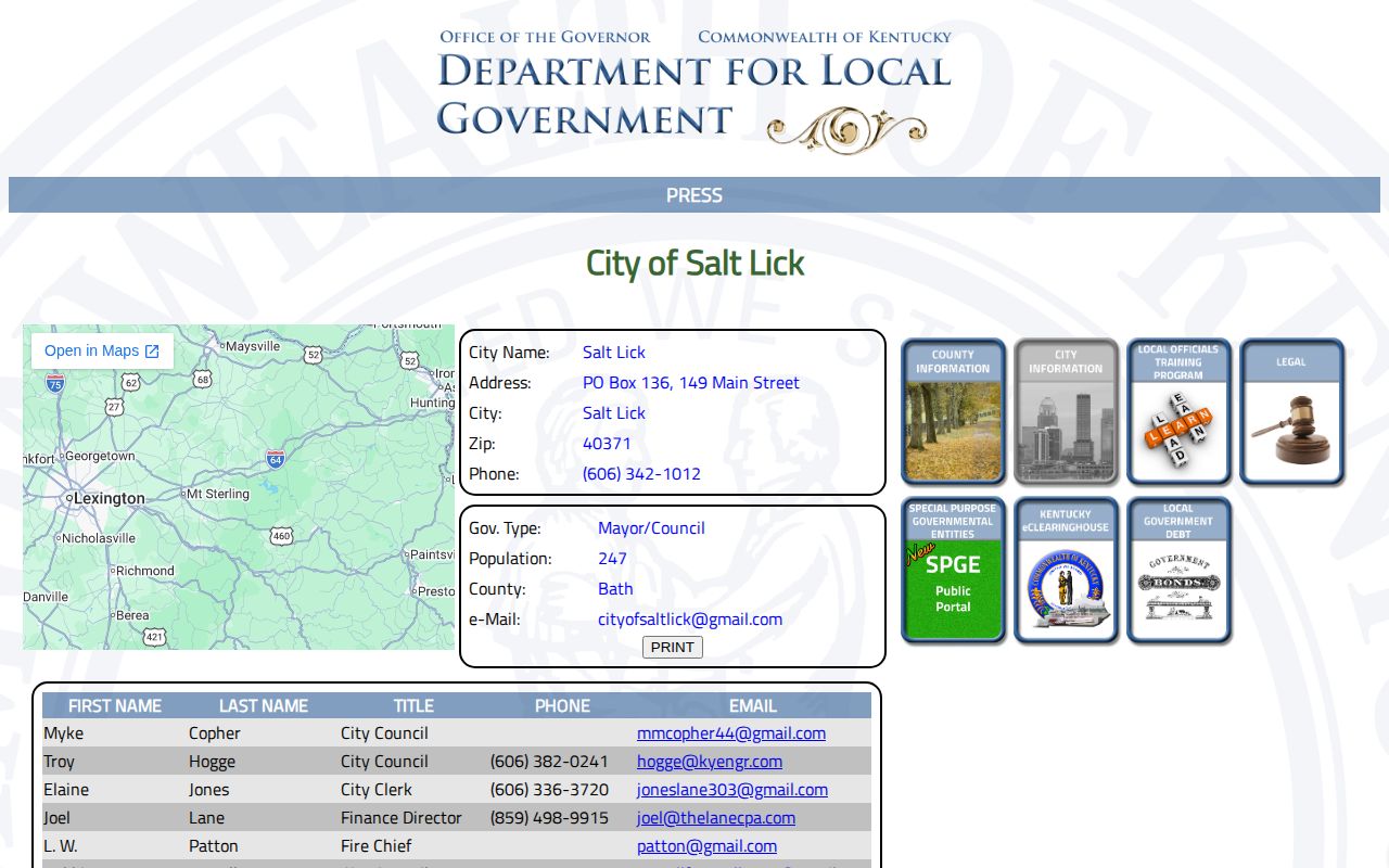 Kentucky Department for Local Government Salt Lick city profile