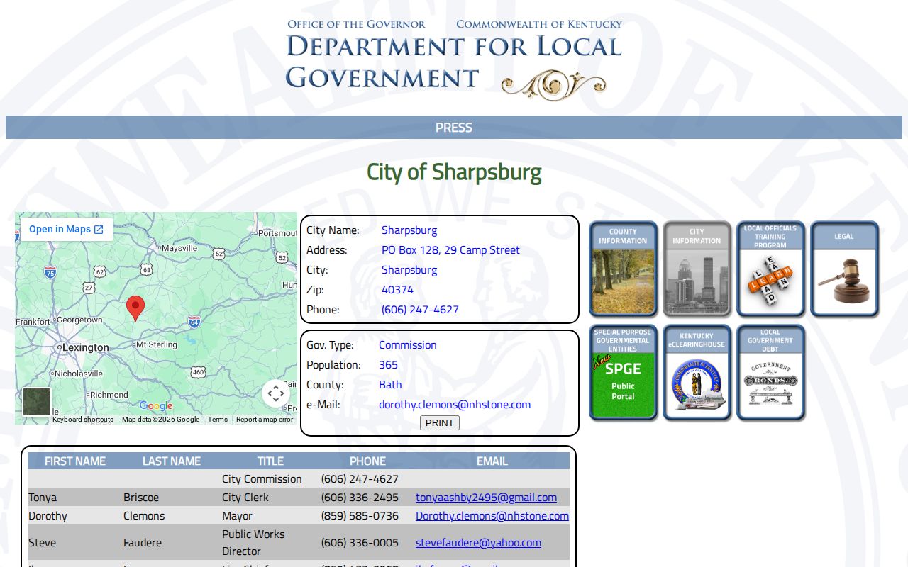 Sharpsburg Kentucky official DLG city record profile